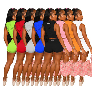 ชุดฤดูร้อนสำหรับผู้หญิง เสื้อครอปท็อปแขนกุด ชุดเซ็ตซิป ชุดฮู้ด กางเกงขาสั้น ชุดวอร์ม ชุดกางเกงขาสั้นแบบ Biker ชุดเซ็ต 2 ชิ้นสำหรับผู้หญิง - Product Image 2