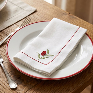 Custom Wholesale Embroidery Red Flower Patterns Placemat&Napkin Set for Home Restaurant Cotton Red Border Mats - Product Image 3