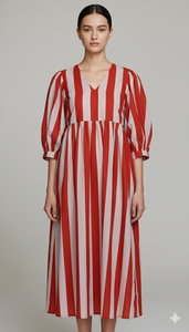 Vestido Midi de Algodón a Rayas para Mujer, Mangas Abullonadas, Corte Entallado, Colección Boutique Étnica de Verano, Ecológico, Lavable, con Botones - Product Image 6