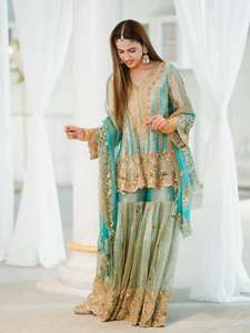 Designer <b>Green</b> Embroidered Kurti Sharara Set with Dupatta | Women Festive Wedding Wear - Product Image 2