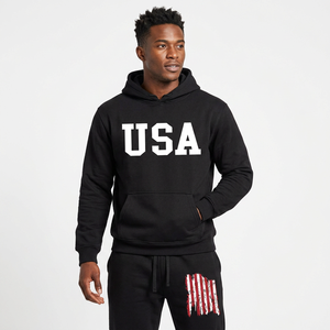 Unisex USA Printed Solid Fleece <b>Hoodie</b> and Pants Tracksuit Set Black Cotton Casual Autumn Wear Full Sleeve Drawstring Joggers - Product Image 1