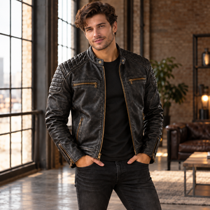 Black <b>Genuine</b> <b>Leather</b> Motorcycle <b>Jacket</b> for <b>Men</b> with Quilted Shoulders, Brass-Tone Zippers, Zip Cuffs, Stand Collar and Pockets - Product Image 2