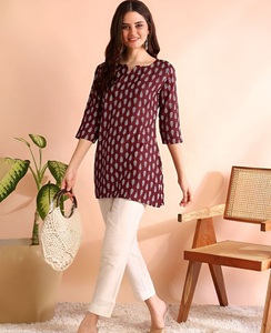 <b>Indian</b> Style Maroon Digital Printed Rayon Kurti With White Pants Casual Loose Fit Midi Length Casual Wear Short Kurtis and <b>Top</b> - Product Image 1