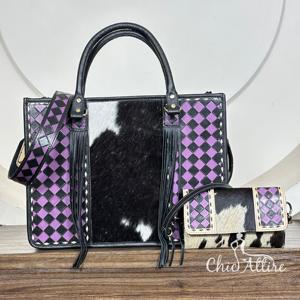 Bolso Tote de Cuero a Cuadros de Gran Capacidad y Cartera de Mano de Cuero Repujado a Mano, Conjunto de 2 Piezas a Juego, Colección March Expo - Product Image 1