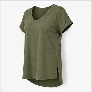 Camiseta Larga de Mujer, Cuello en V, Manga Corta, Color Verde Oliva, Modelo WTS-0015 - Product Image 3