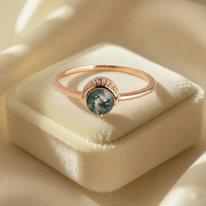 Anillo de lujo con ágata musgosa en forma de luna creciente, plata de ley 925, engaste de media bisel, joyería para compromiso, regalo de aniversario para esposa - Product Image 1