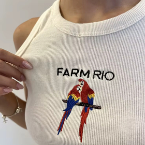 Débardeur en coton côtelé blanc brodé motif perroquet tropical, sans manches, col rond, pour femme, vêtement décontracté d'été à motif animal - Product Image 1