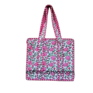 Hand block Printed Indian Handmade Cotton Shopping Tote bag Women Quilted Shoulder Bag Large Beach Bag With Zipper