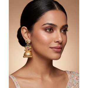Indian Ethnic Brass Jhumka Earrings-Trendy Pearl & Diamond Kashmiri Jewellery - Product Image 1