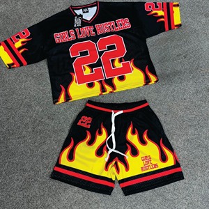 2025 Bông Ngọn Lửa Lưới Vải Cộng Với Kích Thước Vneck Áo Thun Và Quần Short Thiết Lập Quá Khổ Mùa Hè Thăng Hoa Cô Gái Tình Yêu Hustlers In Bộ - Product Image 1