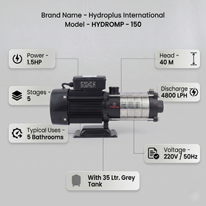 Bomba de Presión Hydroplus International de 1.5HP con Tanque de 35L y Manómetro KP-35 para Sistema de Presión de Agua en 5 Baños - Product Image 2