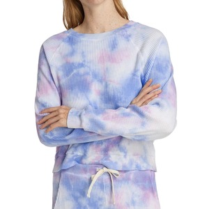 เสื้อไหมพรมลายวาฟเฟิล ย้อมสีฟ้าชมพู สีคอตตอนแคนดี้คลาวด์วอช สำหรับผู้หญิง เสื้อคอกลมแบบสวมใส่สบายๆ ผ้าฝ้าย OEM รับผลิตตามแบบ - Product Image 5