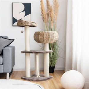 Centro Attività Multilivello per Gatti in Giacinto d'Acqua Intrecciato a Mano con Motivo Solido da 41 Pollici, 3 Tiragraffi in Sisal, per Interni, Marrone - Product Image 6