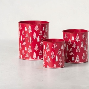 Red Metal Christmas <b>Tree</b> Pattern Decorative Containers Set of 3 Round Reusable Holiday Storage Buckets - Product Image 1