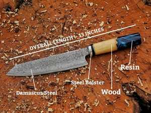 Cuchillo de chef de acero de Damasco hecho a mano de 13 pulgadas con mango de resina y madera y bolster de acero - Product Image 5