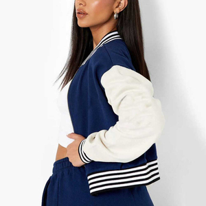 Varsity Jacket Women's Blue White Letterman Bomber Coat Embroidered 06 Patch Preppy Style Zipper Closure Short Length - Product Image 2