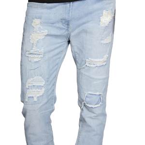 Jeans de Mezclilla Azul Claro, Corte Slim Fit, Desgastados, Cintura Media, Estilo Casual, Pierna Recta, Algodón, para Hombre, Estilo Verano - Product Image 6