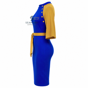 เดรสทรงบอดี้คอนสีน้ำเงินและทองตัดกันของ Sigma Gamma Rho สำหรับผู้หญิง แขนเสื้อแบบเคป แต่งกระดุมผูกเอวทรงเข้ารูป - Product Image 4