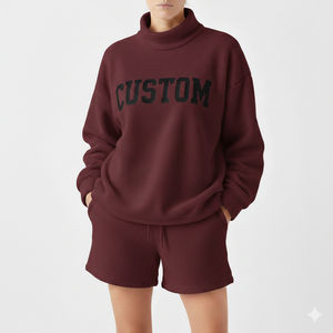 Ensemble streetwear femme hiver 2026 : Haut tunique à col montant et épaules tombantes, manches longues, avec short au genou, broderie machine - Product Image 1