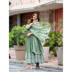 Designer Anarkali Gown and <b>Pant</b> with Dupatta <b>Modest</b> Evening Party Wear - Product Image 4