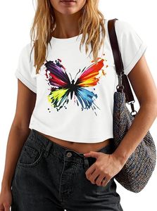 Blusa Casual de Mujer, Corte Recortado, Manga Corta, Cuello Redondo, Estampado de Mariposas Coloridas, Corte Holgado, 100% Algodón, Primavera Verano - Product Image 4
