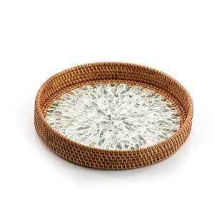 Handmade Rattan <b>Serving</b> <b>Tray</b> with Mother of Pearl Inlay Elegant <b>Round</b> <b>Serving</b> <b>Tray</b> for Home & Hotel Use made in Vietnam - Product Image 1