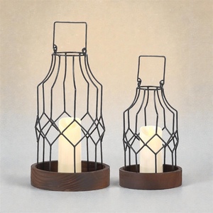 Black Iron Wire <b>Candle</b> <b>Lanterns</b> With Wooden Base Modern Design Home Decoration - Product Image 2