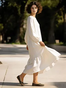 Women Black Cotton Maxi <b>Dress</b> O Neck <b>Long</b> Sleeve Loose Fit <b>Boho</b> Casual Flowy Summer <b>Dress</b> - Product Image 4