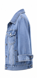 เสื้อแจ็คเก็ตยีนส์ผู้หญิง แขนสามส่วน ปกพับได้ สีพื้น ปิดด้วยกระดุม - Product Image 4