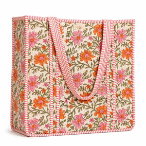 กระเป๋าถือผ้าฝ้ายลายดอกไม้สีส้มสีชมพูกระเป๋าผ้าสำหรับผู้หญิงกระเป๋าสะพายไหล่เป็นมิตรต่อสิ่งแวดล้อม - Product Image 2