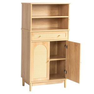 Mobile da Bagno in Truciolato con Finitura in Rattan, Colore Legno Naturale, 60x30x120cm, 1 Cassetto, 2 Ante, 4 Ripiani - Product Image 1