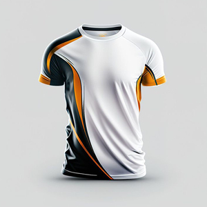เสื้อเจอร์ซีย์แขนสั้นแบบซับลิเมชั่นสำหรับผู้ชาย ระบายอากาศได้ดีและดีไซน์ทันสมัย—พื้นสีขาวสะอาดตาพร้อมเส้นโค้งสีดำและสีส้มที่โดดเด่น - Product Image 1