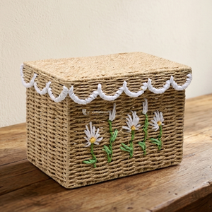 Paper Straw Storage Box with Lid, <b>Rectangle</b> Basket with Daisy Embroidery, Decorative Scalloped Edge Organizer for Home & Nursery - Product Image 3