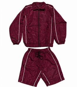 Ensemble de survêtement unisexe blanc et bordeaux à blocs de couleur, veste zippée à manches longues avec short, design sportif respirant pour adultes - Product Image 3