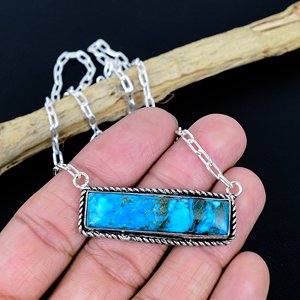 Collier barre artisanal de créateur en argent sterling 925 plaqué, avec pierre précieuse turquoise Megnasite - Product Image 2