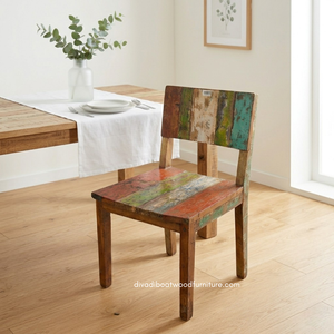 Chaise de salle à manger rustique artisanale et durable en bois de bateau recyclé, couleur naturelle, écologique, pour mobilier de villas, maisons de vacances et hôtels. - Product Image 3