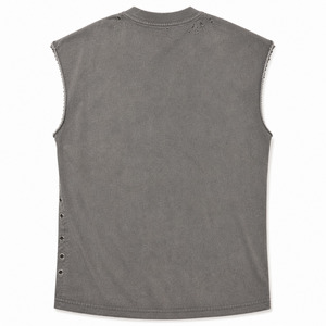 เสื้อยืดแขนกุดทรงใหญ่สไตล์ Y2K สำหรับผู้ชาย สีเทาจันทร์ ผ้าฝ้ายฟอกทรงบ็อกซี่ พร้อมลายกราฟิกชนเผ่าและรูระบายด้านข้าง - Product Image 5