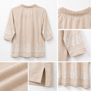 Top de punto casual para mujer, de algodón premium, con cuello en V, estampado en el borde, corte regular, manga 3/4 y ribete de crochet, ideal para el verano. - Product Image 5