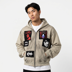 Oversized Washed Zip Up Hoodie Men's <b>Retro</b> Streetwear <b>Sweatshirt</b> Patchwork Pullover Custom Logo - Product Image 4