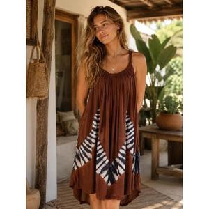 Vestido de Verano Boho Tie Dye Hecho a Mano de Alta Calidad, Color Marrón Óxido, Corte Asimétrico, Sin Mangas, para Vacaciones, Precio al por Mayor - Product Image 2