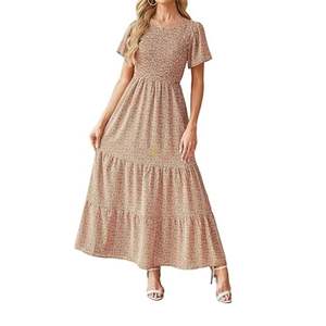 Vestido largo maxi con estampado floral azul, de manga corta, estilo bohemio, para verano, con estampado de florecitas, ropa de mujer, proveedor mayorista - Product Image 2