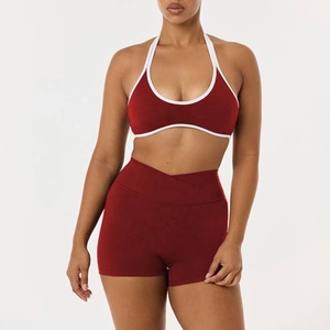 Women 2 Piece Yoga Set Red Solid Halter <b>Bra</b> High Waist Shorts Breathable Spandex Polyester Contrast Binding - Product Image 1