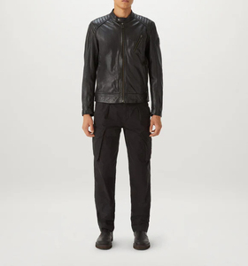 Veste moto en cuir véritable noir pour homme, col montant, fermeture éclair, coupe ajustée, longueur standard, pour l'automne - Product Image 2