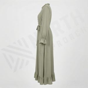 Vestido Abaya Islámico Moderno con Volantes, Manga Larga, Diseño Actual, Cinturón en la Cintura, Botones, Ropa Modesta para Mujer - Product Image 3