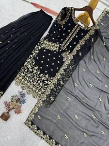 Salwar Kameez de soirée noir à manches longues et modestes pour femmes musulmanes, entièrement doublé en Georgette opaque, style Abaya festive, alternative au costume - Product Image 2