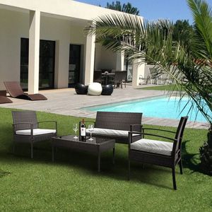 Set Divano in Rattan da Esterno con 2 Poltrone e 1 Divanetto con Tavolino in Vetro Temperato XH per Giardino - Product Image 1