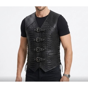 Gilet de motard en cuir véritable gaufré crocodile personnalisé pour homme, fermeture à boucle, gilet de moto, OEM ODM - Product Image 2