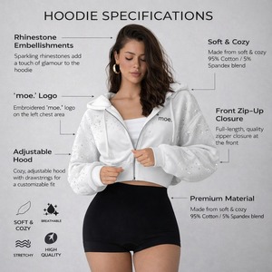 Sweat à capuche court épais et lourd pour femme, personnalisé, rose vintage, en molleton bouclette, avec logo, double fermeture éclair avant, orné de strass et de cristaux, écologique - Product Image 5