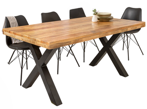 Table de salle à manger moderne en bois de manguier massif, style européen, avec pieds en métal en X, finition brute, surface lisse et plateau carré, pour la maison et la cuisine - Product Image 4