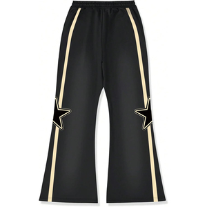 Pantalon évasé noir pour homme avec bandes latérales dorées et décoration étoile, taille élastique, pantalon de jogging tricoté décontracté, streetwear personnalisé - Product Image 1